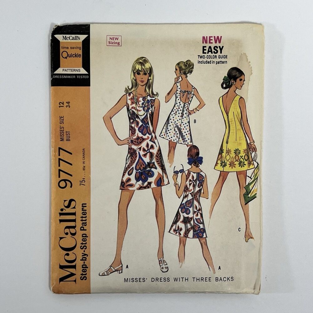 McCALL'S Sewing PATTERN 9777 - Misses Size 12 - Cut WOMEN VINTAGE - Dress - 1969